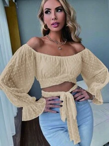 SHEIN SXY Swiss Dot Off Shoulder Flare Sleeve Tie Front Crop Top - Yellow - View 4