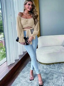 SHEIN SXY Swiss Dot Off Shoulder Flare Sleeve Tie Front Crop Top - Yellow - View 5