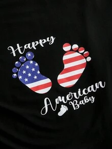 SHEIN 孕婦美式腳和字母圖案抽褶細節T恤 - 黑色 - 查看 5