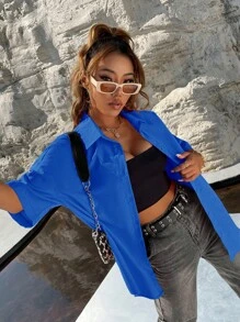 SHEIN Unity 素色落肩袖前紐扣襯衫 - 藍色 - 查看 1