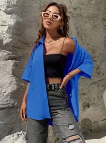 SHEIN Unity 素色落肩袖前紐扣襯衫 - 藍色 - 查看 4