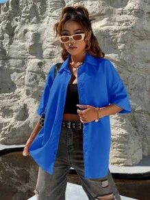 SHEIN Unity 素色落肩袖前紐扣襯衫 - 藍色 - 查看 5