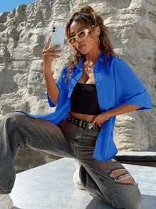 SHEIN Unity 素色落肩袖前紐扣襯衫 - 藍色 - 查看 6