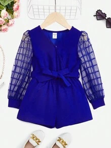 SHEIN 女小童網紗拼接燈籠袖腰帶連身短褲 - 寶藍色 - 查看 1