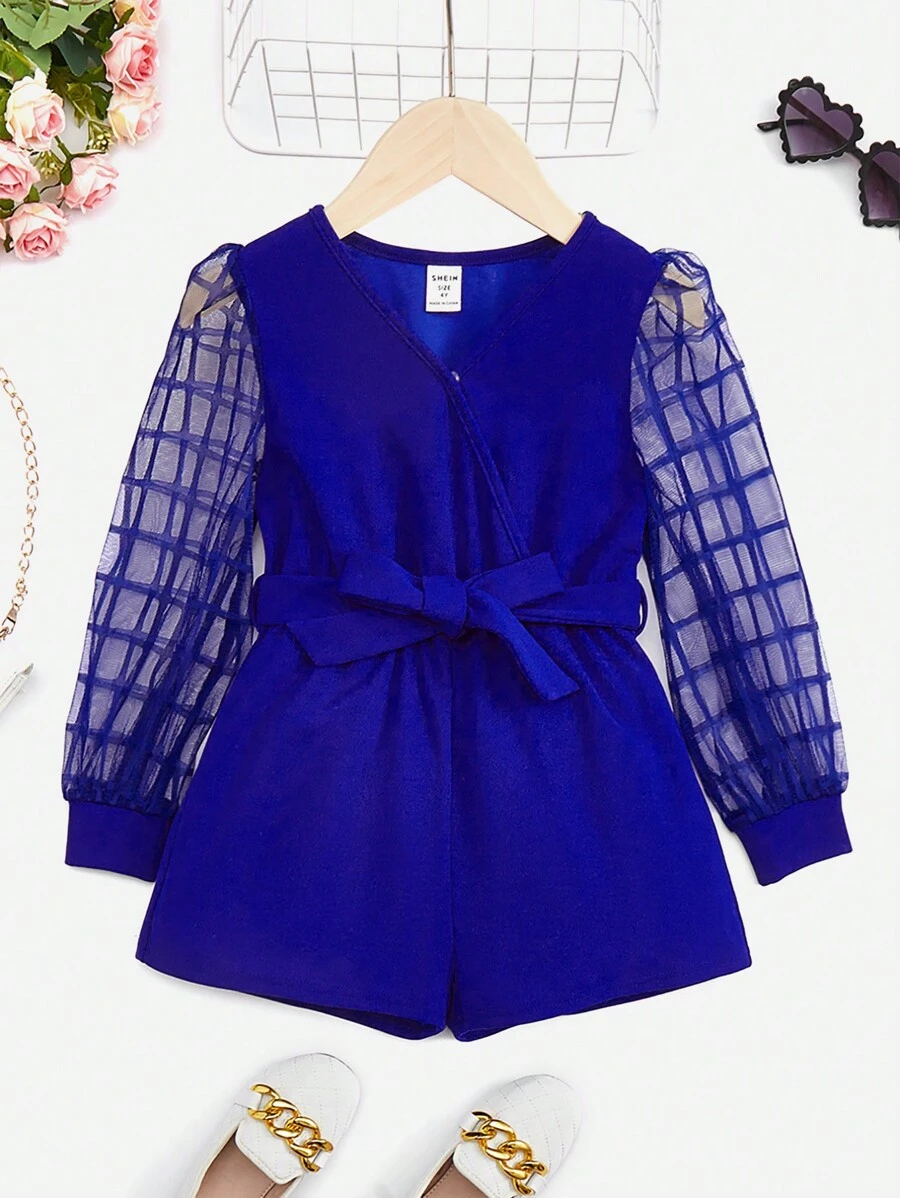 SHEIN 女小童網紗拼接燈籠袖腰帶連身短褲 - 寶藍色 - 查看 1