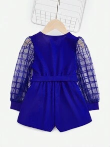 SHEIN 女小童網紗拼接燈籠袖腰帶連身短褲 - 寶藍色 - 查看 2
