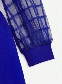 SHEIN 女小童網紗拼接燈籠袖腰帶連身短褲 - 寶藍色 - 查看 3