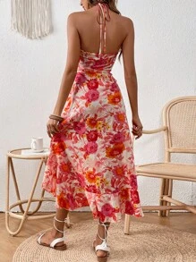 SHEIN VCAY Floral Print Ruffle Trim Tie Backless Halter Dress - Multicolor - View 2