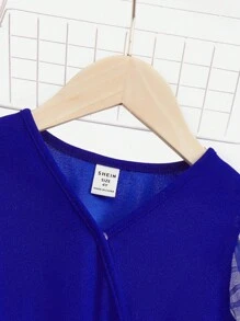 SHEIN 女小童網紗拼接燈籠袖腰帶連身短褲 - 寶藍色 - 查看 4