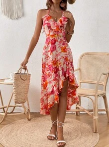 SHEIN VCAY Floral Print Ruffle Trim Tie Backless Halter Dress - Multicolor - View 3