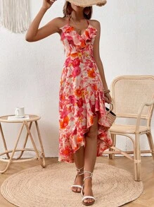 SHEIN VCAY Floral Print Ruffle Trim Tie Backless Halter Dress - Multicolor - View 5