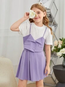 SHEIN Bộ hai mảnh Gái Xếp li Nút phía trước Khối Màu Giải trí - Nhiều màu - Xem 1