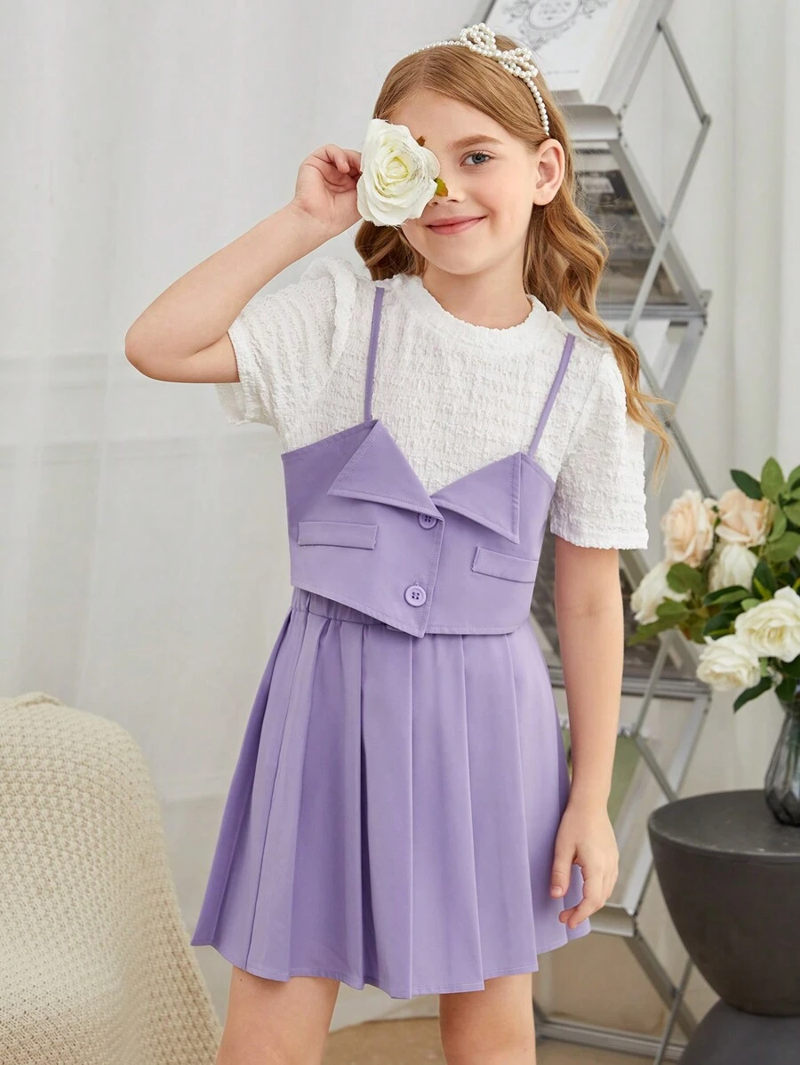 SHEIN Bộ hai mảnh Gái Xếp li Nút phía trước Khối Màu Giải trí - Nhiều màu - Xem 1