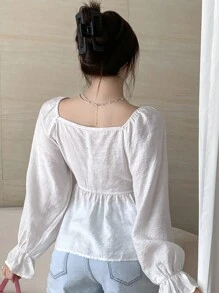 Joudiya Casual Solid Color Cinched Waist 2-In-1 Long Sleeve Shirt, Autumn,Ruffle,Off Shoulder Top,Back To School Clothes,Fall Women Clothes Valentine's Day - White - View 6