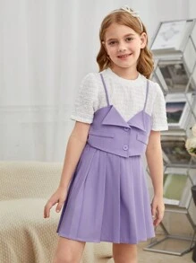 SHEIN Bộ hai mảnh Gái Xếp li Nút phía trước Khối Màu Giải trí - Nhiều màu - Xem 4