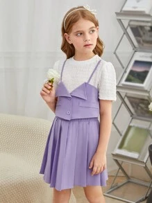 SHEIN Bộ hai mảnh Gái Xếp li Nút phía trước Khối Màu Giải trí - Nhiều màu - Xem 5