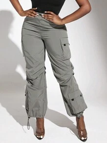 Slaydiva Flap Pocket Drawstring Hem Cargo Pants - Grey - View 1