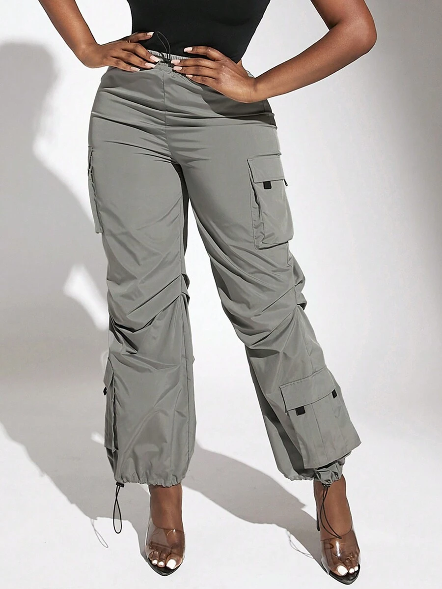 Slaydiva Flap Pocket Drawstring Hem Cargo Pants - Grey - View 1