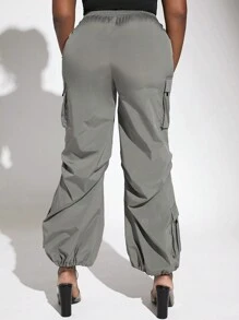 Slaydiva Flap Pocket Drawstring Hem Cargo Pants - Grey - View 2