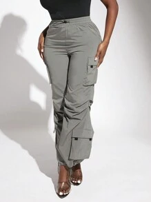 Slaydiva Flap Pocket Drawstring Hem Cargo Pants - Grey - View 4