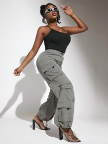 Slaydiva Flap Pocket Drawstring Hem Cargo Pants - Grey - View 5