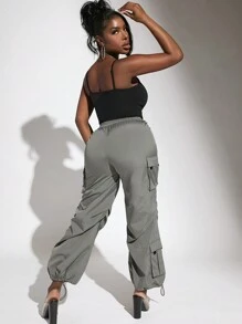 Slaydiva Flap Pocket Drawstring Hem Cargo Pants - Grey - View 6