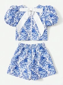 SHEIN 女孩印花泡泡袖上衣和短褲 - 藍白色 - 查看 2
