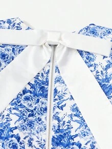 SHEIN 女孩印花泡泡袖上衣和短褲 - 藍白色 - 查看 3