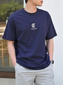 DAZY Men Cotton Slogan Graphic Drop Shoulder Tee - Navy Blue - View 1