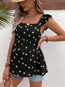 SHEIN 孕妇装雏菊花卉印花后背系带荷叶边衬衫 - 黑色 - 查看 2