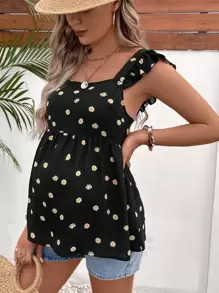 SHEIN 孕妇装雏菊花卉印花后背系带荷叶边衬衫 - 黑色 - 查看 3