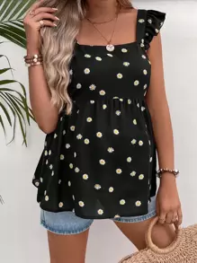 SHEIN 孕妇装雏菊花卉印花后背系带荷叶边衬衫 - 黑色 - 查看 6