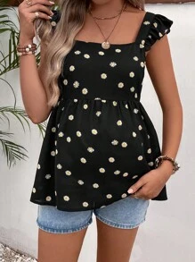 SHEIN 孕妇装雏菊花卉印花后背系带荷叶边衬衫 - 黑色 - 查看 7