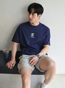 DAZY Men Cotton Slogan Graphic Drop Shoulder Tee - Navy Blue - View 8