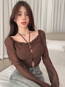 DAZY Solid Lace Trim Tie Front Crop Blouse - Brown - View 4