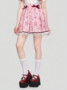 ROMWE Kawaii Cat & Floral Print Contrast Lace Bow Front Lace Trim Skirt - Pink - View 1