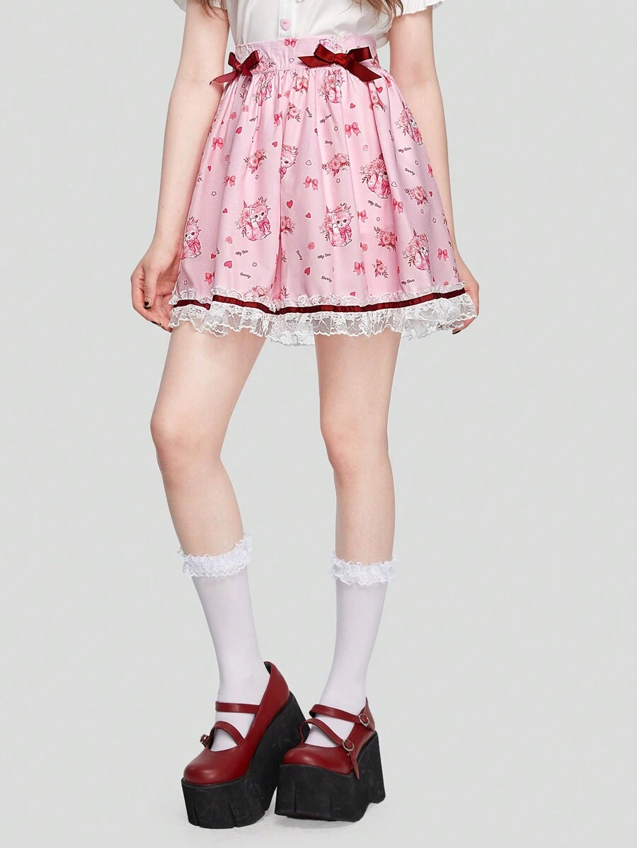 ROMWE Kawaii Cat & Floral Print Contrast Lace Bow Front Lace Trim Skirt - Pink - View 1
