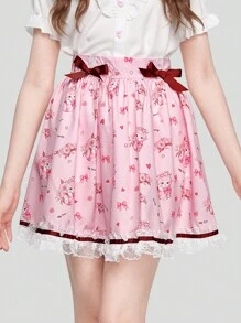 ROMWE Kawaii Cat & Floral Print Contrast Lace Bow Front Lace Trim Skirt - Pink - View 2