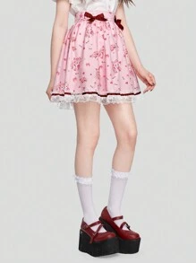 ROMWE Kawaii Cat & Floral Print Contrast Lace Bow Front Lace Trim Skirt - Pink - View 3