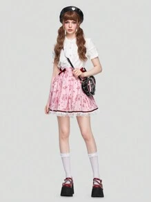 ROMWE Kawaii Cat & Floral Print Contrast Lace Bow Front Lace Trim Skirt - Pink - View 4