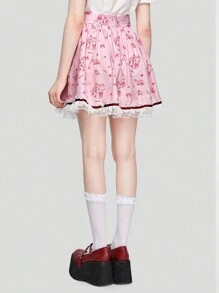 ROMWE Kawaii Cat & Floral Print Contrast Lace Bow Front Lace Trim Skirt - Pink - View 5