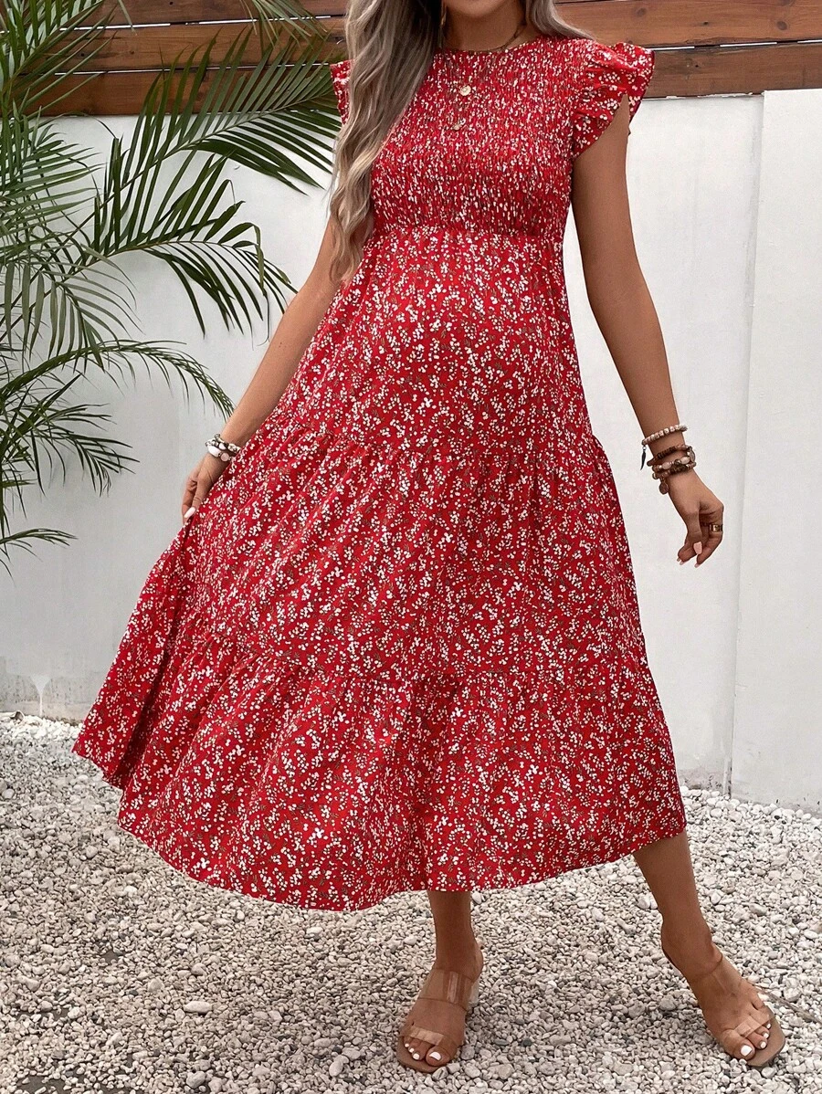 SHEIN Maternity Ditsy Floral Print Ruffle Hem Dress - Multicolor - View 1
