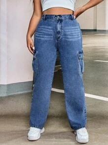 SHEIN EZwear Hơn Túi nắp bên cạnh Quần jean chở hàng - Rửa trung bình - Xem 1