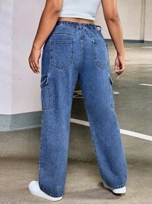 SHEIN EZwear Hơn Túi nắp bên cạnh Quần jean chở hàng - Rửa trung bình - Xem 2