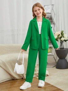 SHEIN 女孩西裝領翻蓋細節西裝外套和褲子 - 綠色 - 查看 1