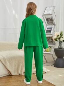 SHEIN 女孩西裝領翻蓋細節西裝外套和褲子 - 綠色 - 查看 2