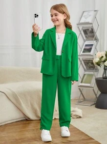 SHEIN 女孩西裝領翻蓋細節西裝外套和褲子 - 綠色 - 查看 3