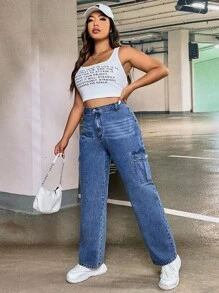 SHEIN EZwear Hơn Túi nắp bên cạnh Quần jean chở hàng - Rửa trung bình - Xem 5