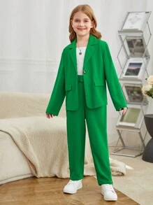 SHEIN 女孩西裝領翻蓋細節西裝外套和褲子 - 綠色 - 查看 4