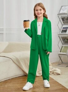 SHEIN 女孩西裝領翻蓋細節西裝外套和褲子 - 綠色 - 查看 5